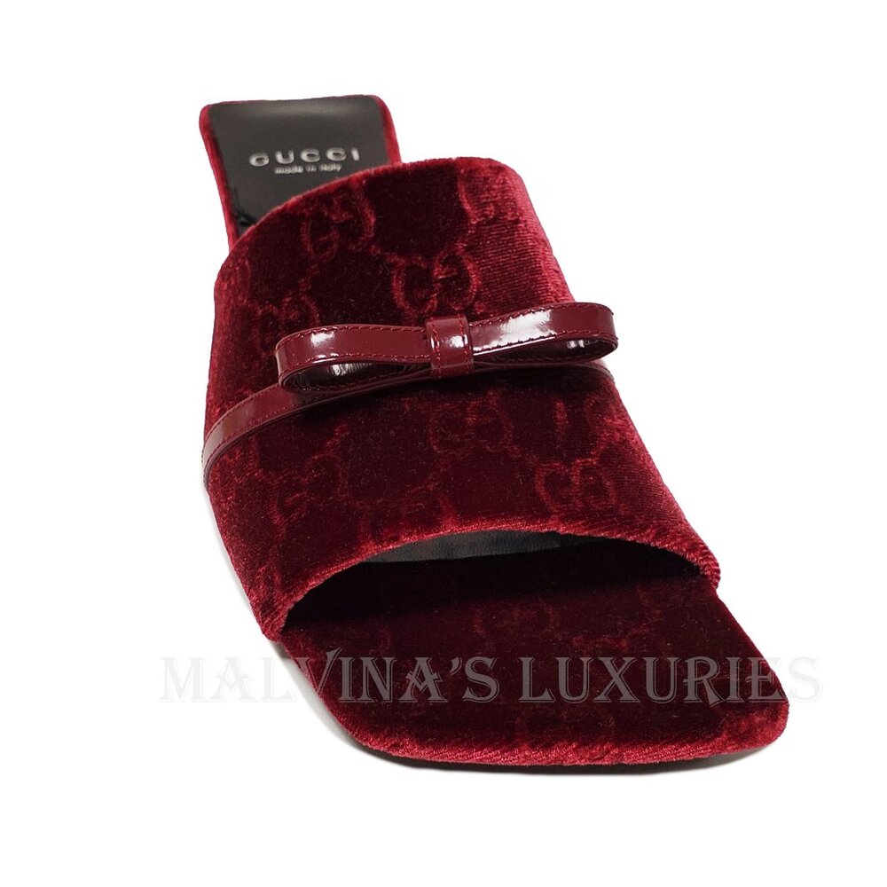GUCCI SHOES GG LOGO BURGUNDY VELVET w BOW DETAIL SLIDES sz 38 8 US - Picture 7 of 15